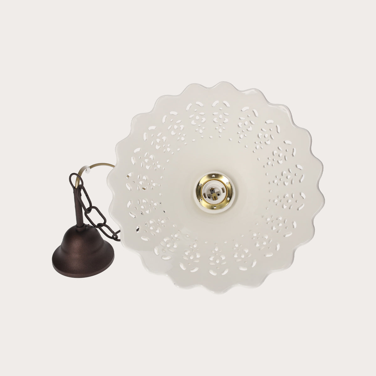 Lampadario Rustico in Ceramica Bianca con Catena in Ottone Ø 30 cm