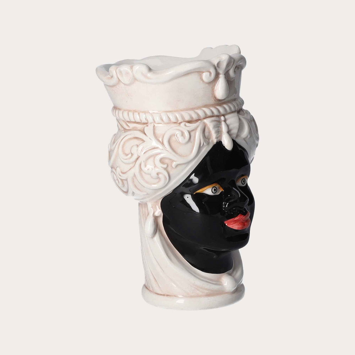Vaso Testa di Moro Donna Piccolo in Ceramica Beige/Nero – Artigianato Made in Italy