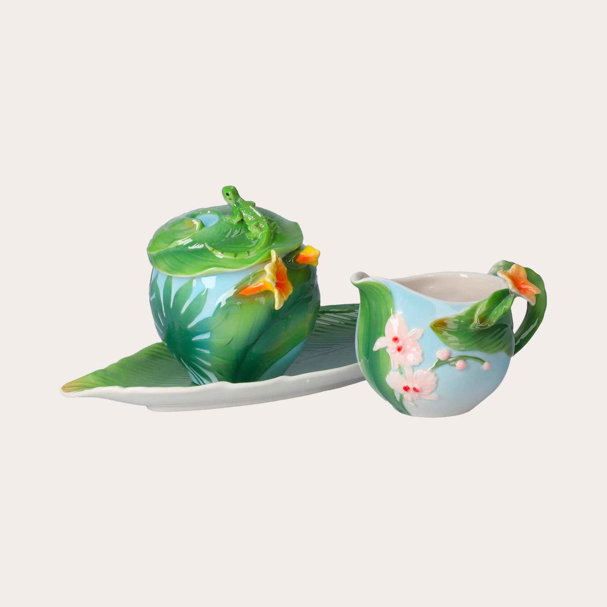 Juego de Azucarero y Jarra de Leche de Porcelana Decorada con Bandeja - Diseño Floral