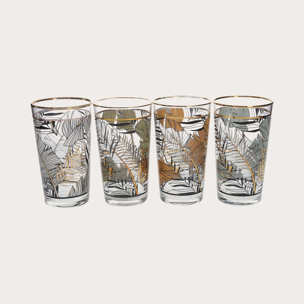Juego de 4 vasos de cristal transparente con adornos dorados