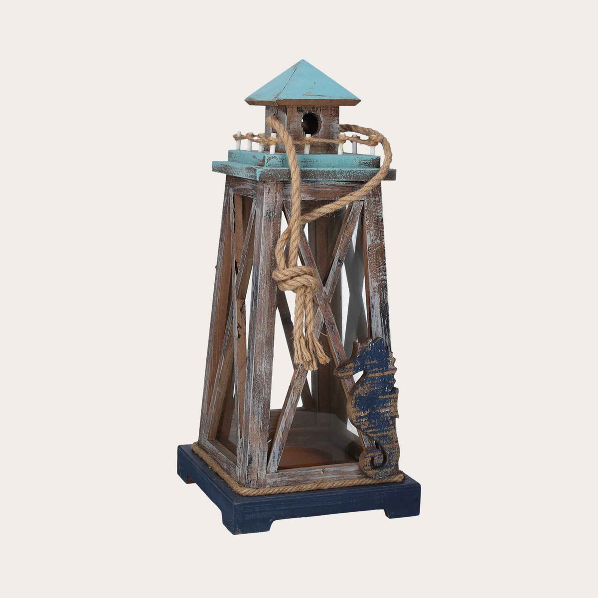 Lanterna in Legno Marrone con Vetro e Cupola Azzurra