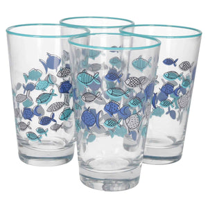 Set of 4 Glass Glasses Decorated with Blue Fish – Elegant Set for the Summer Table