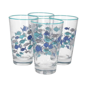Set of 4 Glass Glasses Decorated with Blue Fish – Elegant Set for the Summer Table