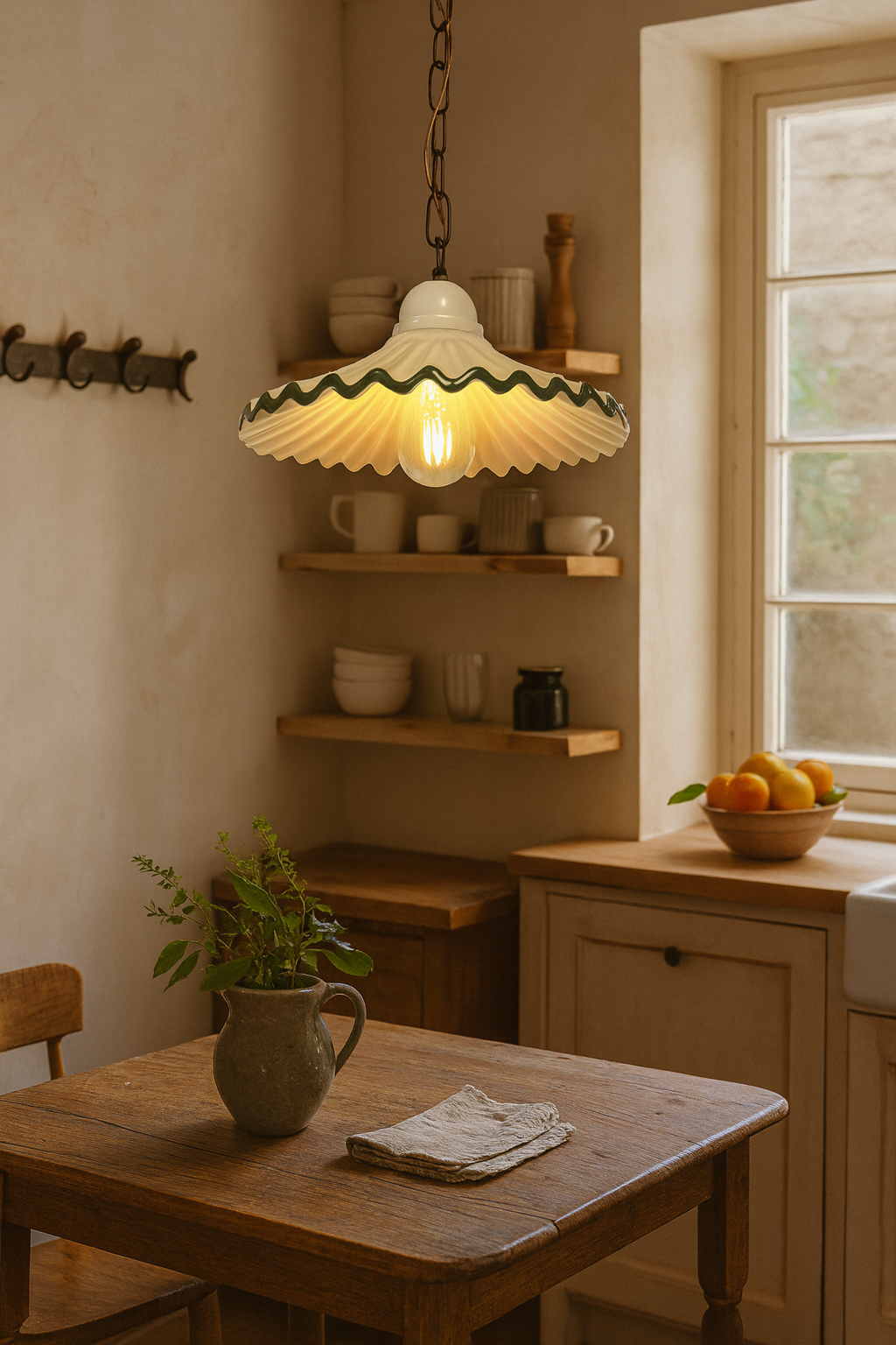 Lampadario Rustico in Ceramica Bianco con Bordo Verde Ø. 39cm