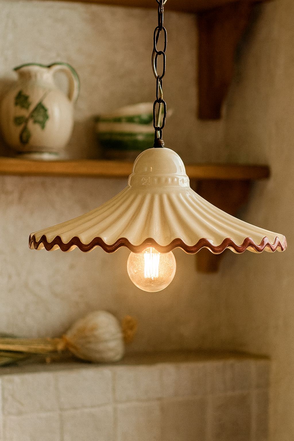 Lampadario Rustico in Ceramica Bianca con Bordo Marrone Ø. 39cm