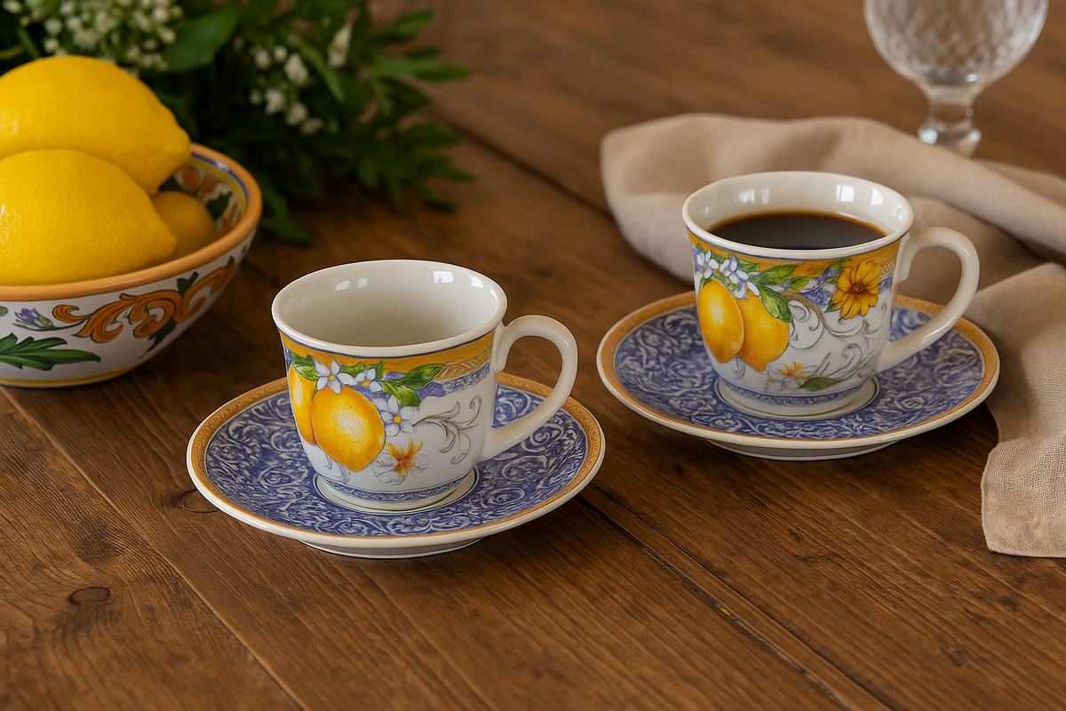 Par de tazas de cerámica con decoración de limón.
