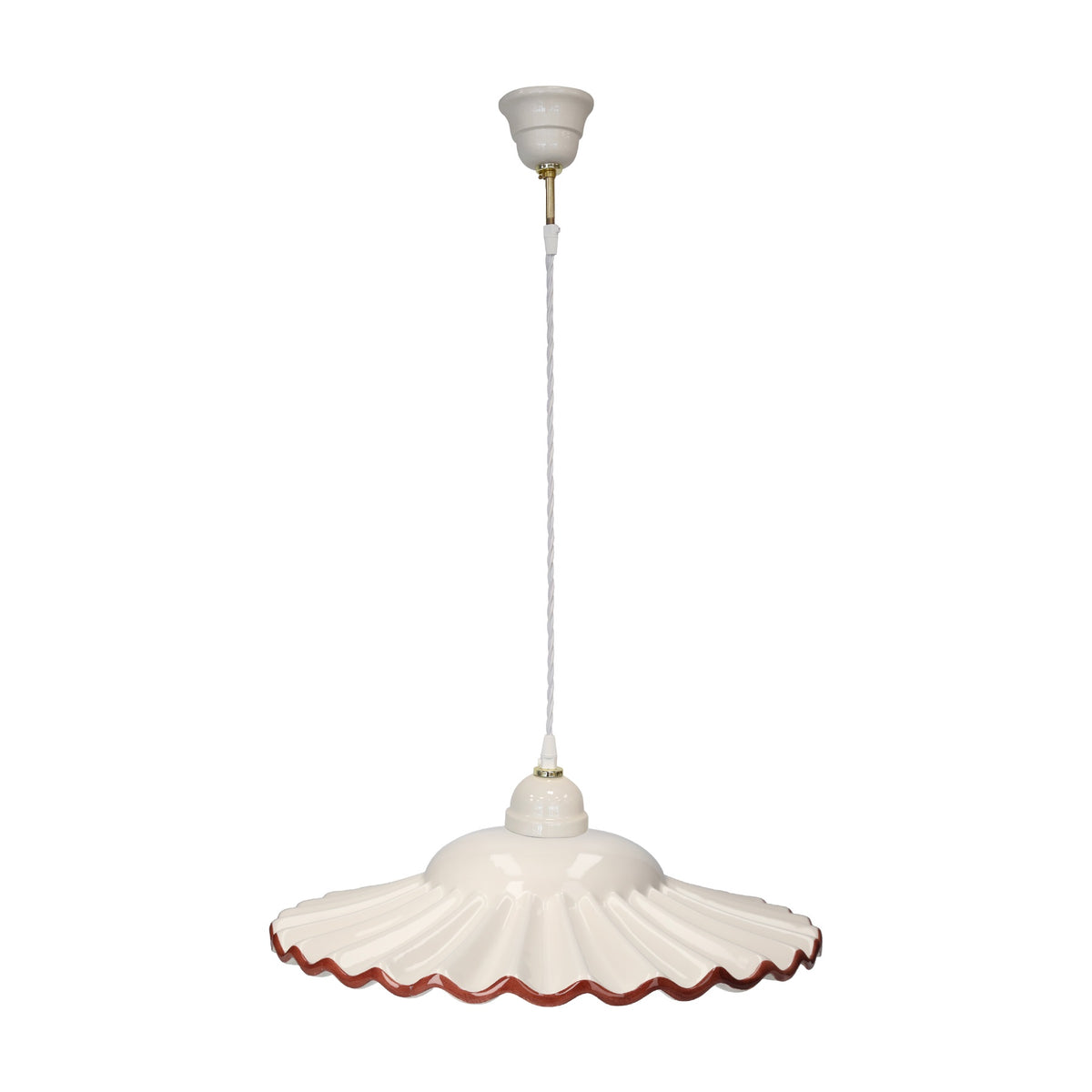 Lampadario Rustico Ceramica Bianca Bordo Marrone e Treccia Ø 39 cm