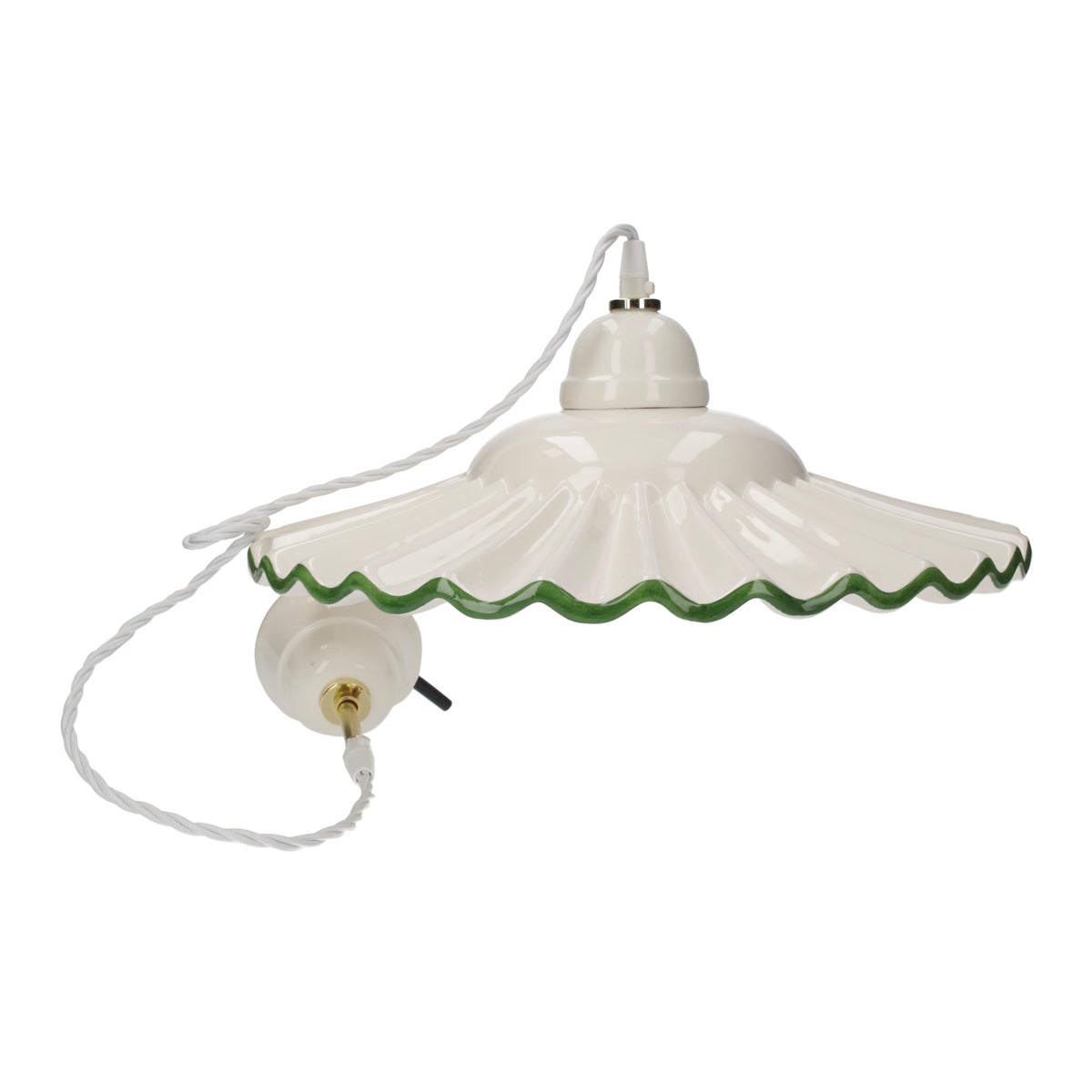 Lampadario Rustico in Ceramica Ondulato Bianco con Bordo Verde Ø. 39cm
