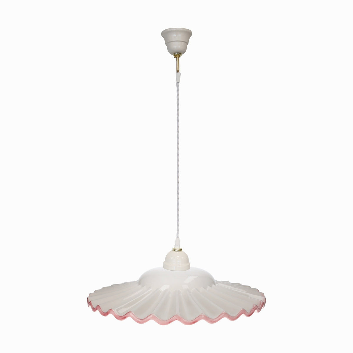 Lampadario Rustico in Ceramica Ondulato Bianco con Bordo Rosa