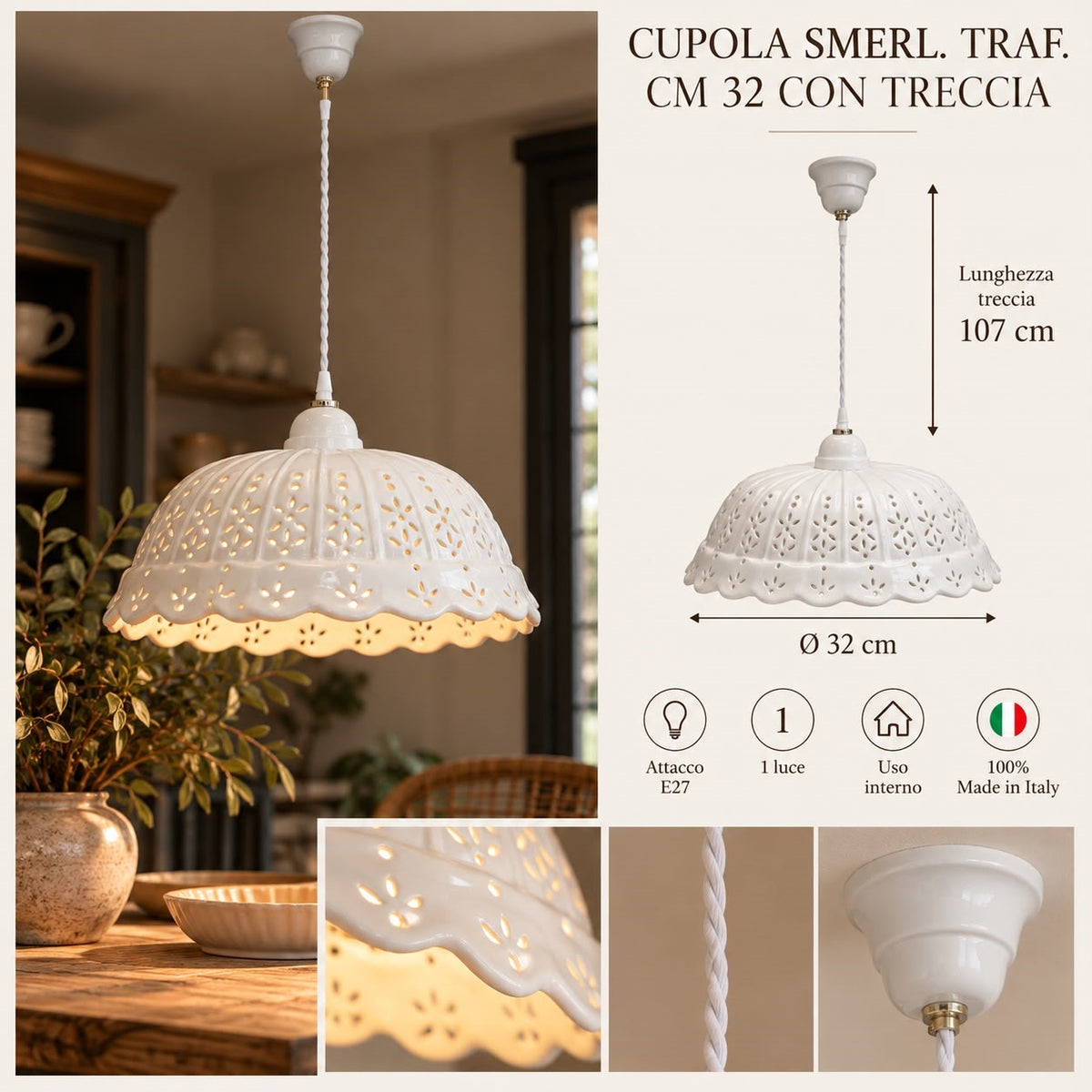 Lampadario Traforato Rustico in Ceramica Bianco Ø.32 cm - KeyHome Store