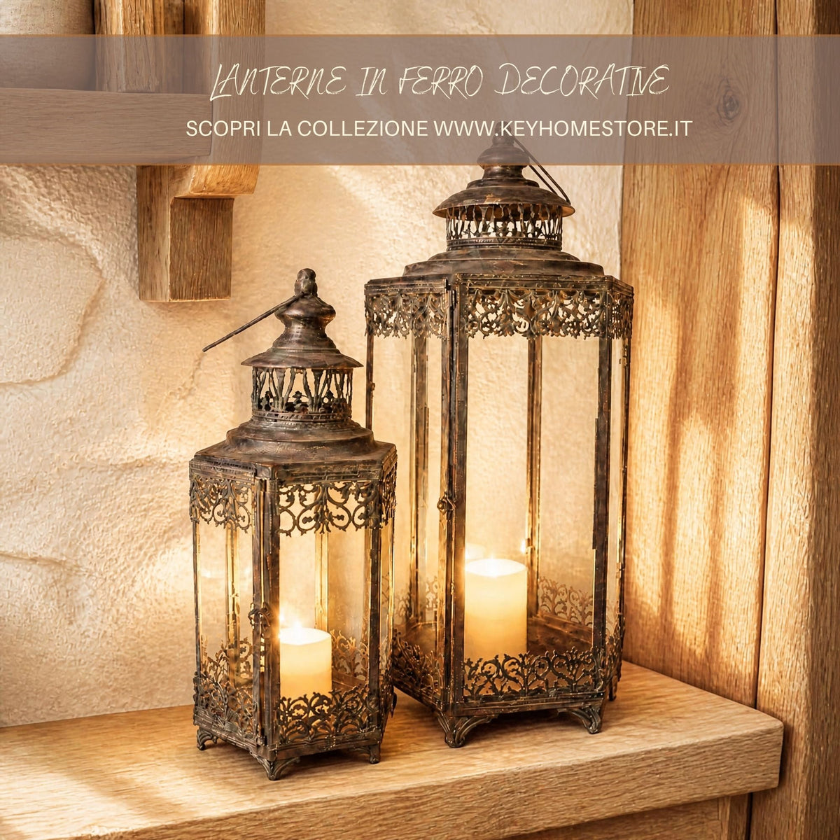 Set 2 Lanterne con Vetro in Ferro Grigio Anticato - KeyHome Store