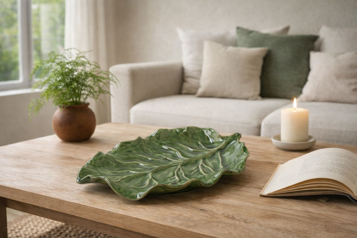 Svuotatasche Foglia in Ceramica Verde H.4,5 x 33 x 21 cm