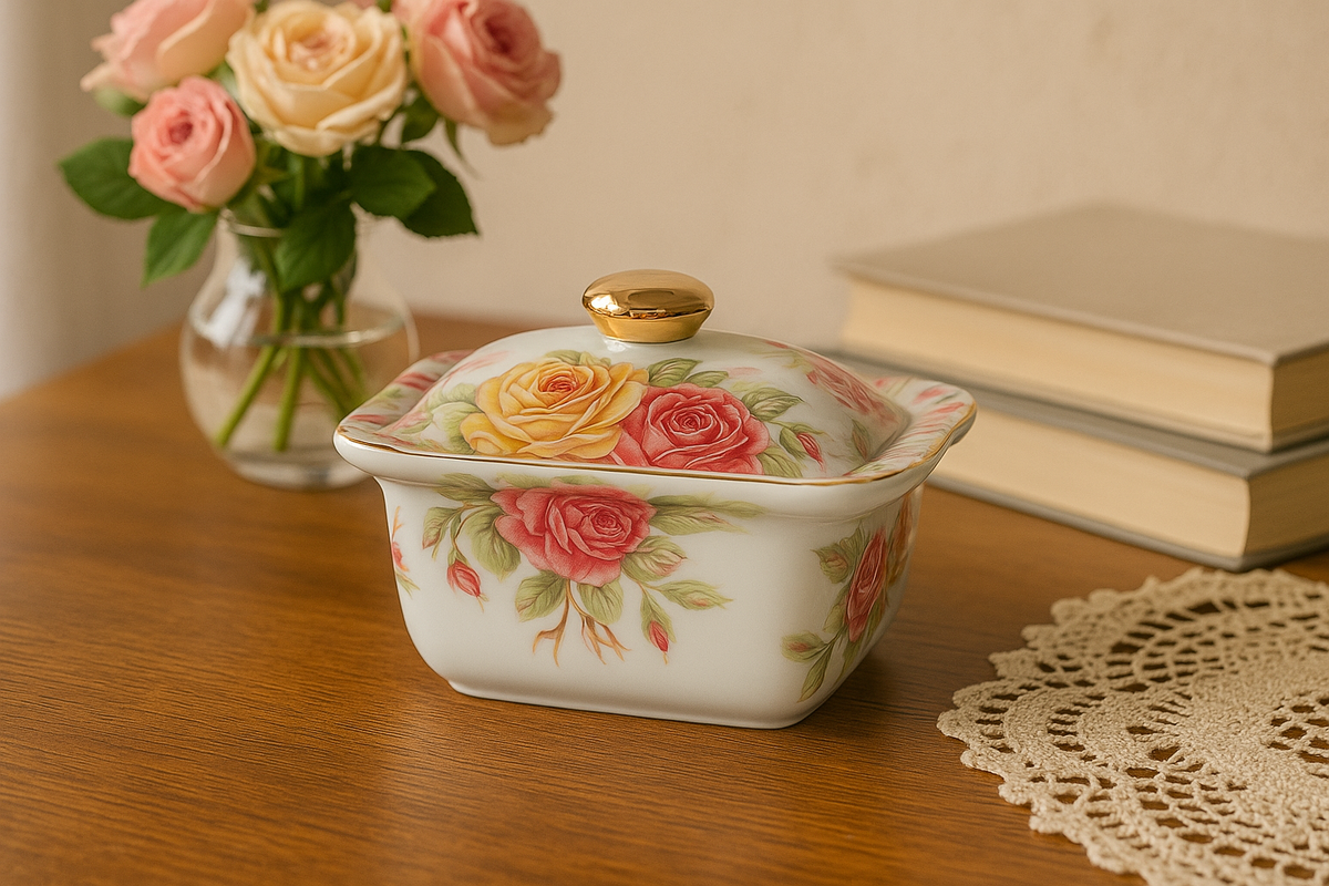Boîte en porcelaine avec roses et couvercle doré