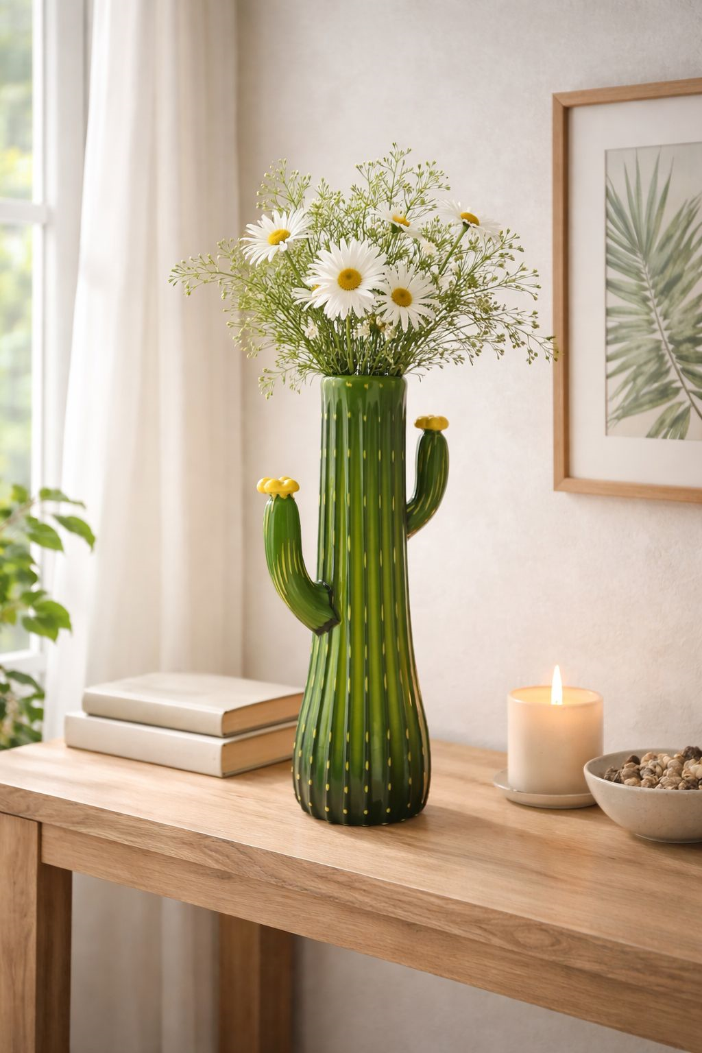 Cactus decorativo de cristal con interior amarillo, altura 37 cm