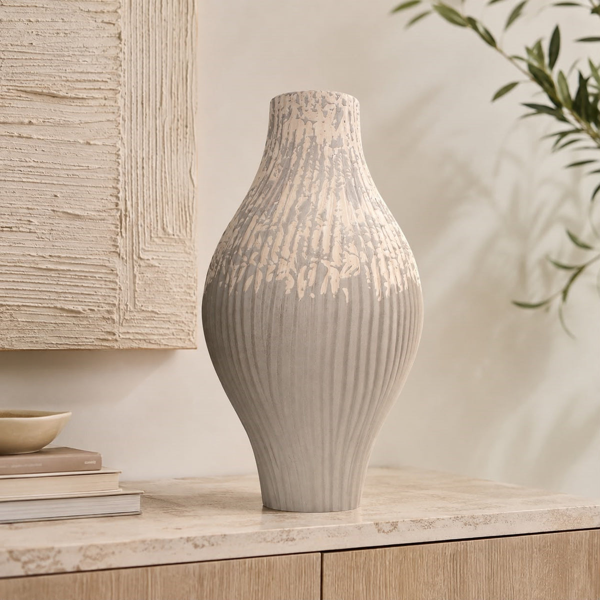 Ceramica vase with white and gray Ribs h.50 cm