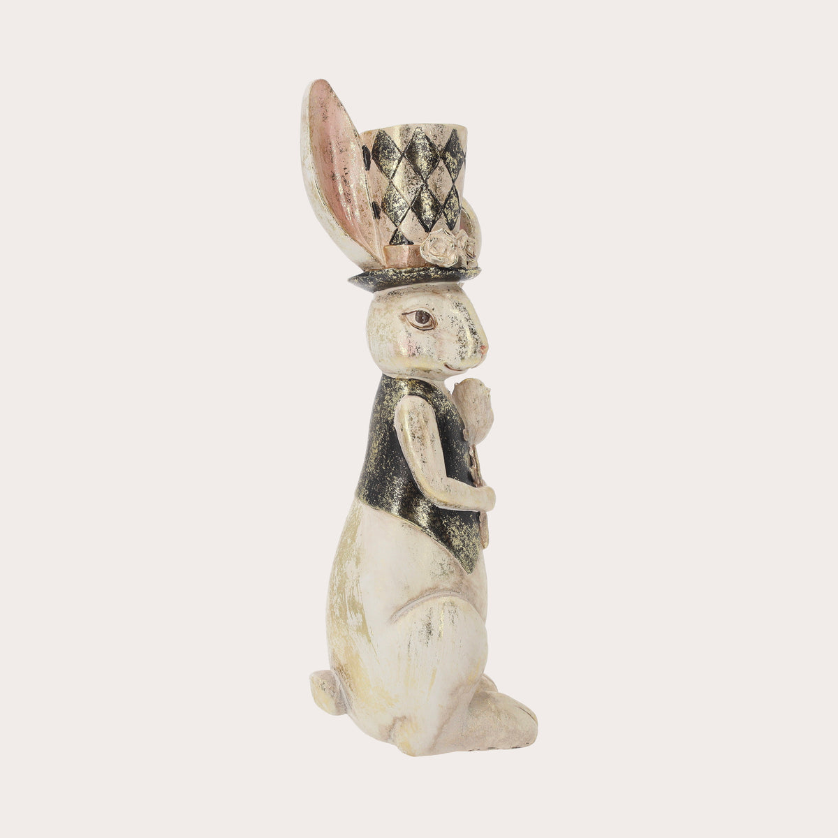 Statua Coniglio con Papavero e Cappello in Resina H. 38 cm