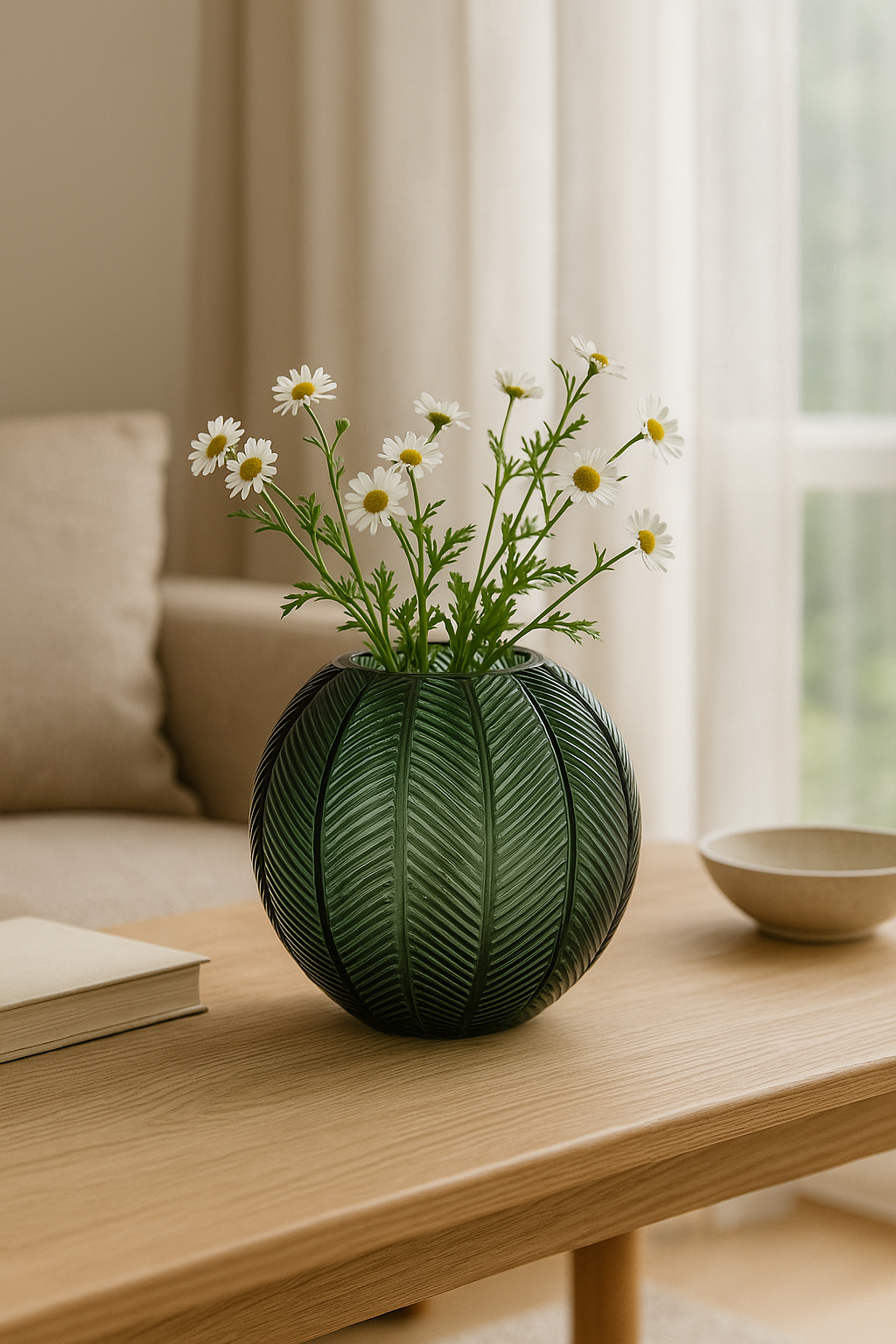 Vaso Tondo in Vetro Verde con Decoro Foglia