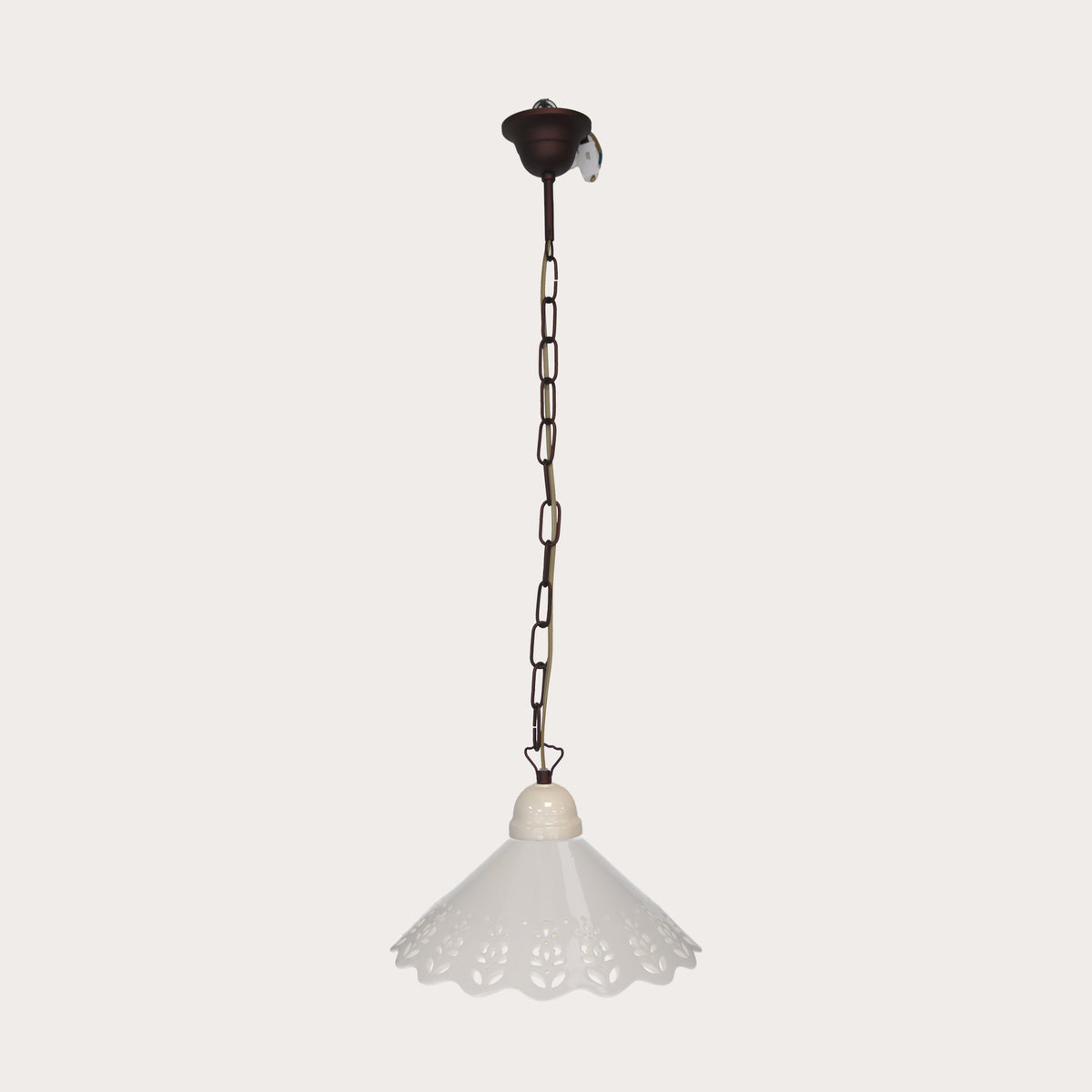 Lampadario Rustico in Ceramica Bianca con Catena in Ottone Ø 30 cm