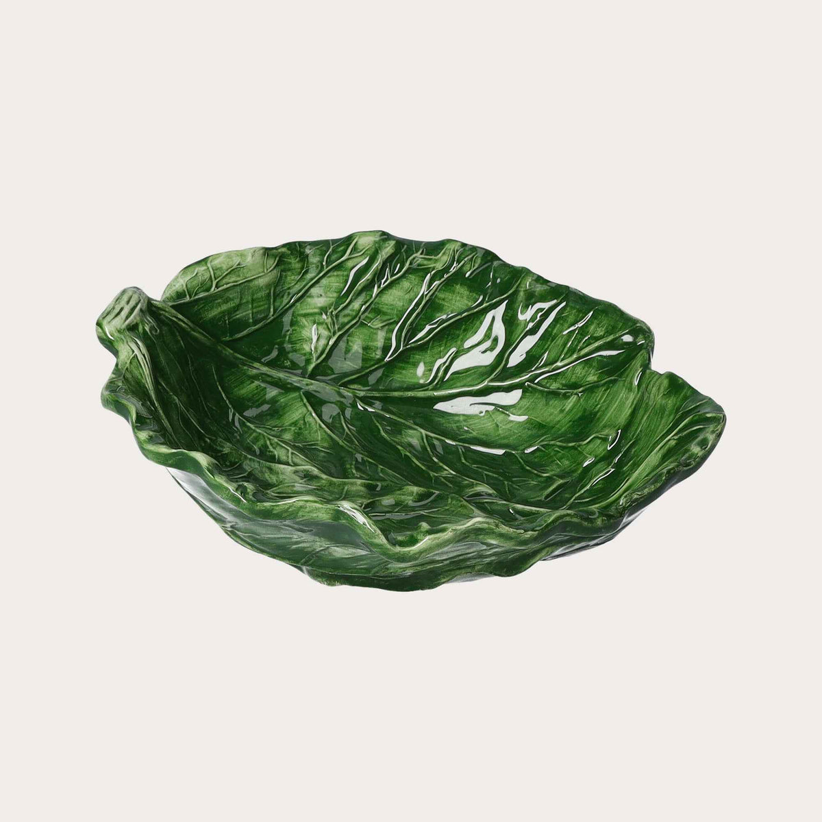 Juego de 2 ensaladeras de cerámica verde con forma de hoja de col - Made in Italy