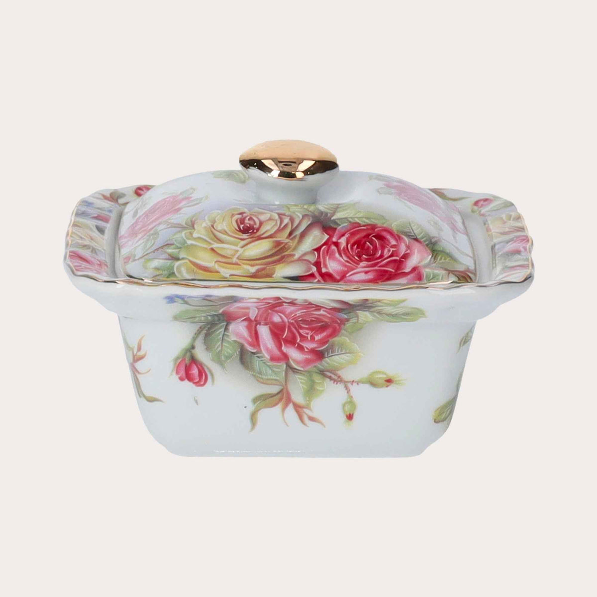 Porcelain Box with Roses and Golden Lid – Elegant Decorative Storage