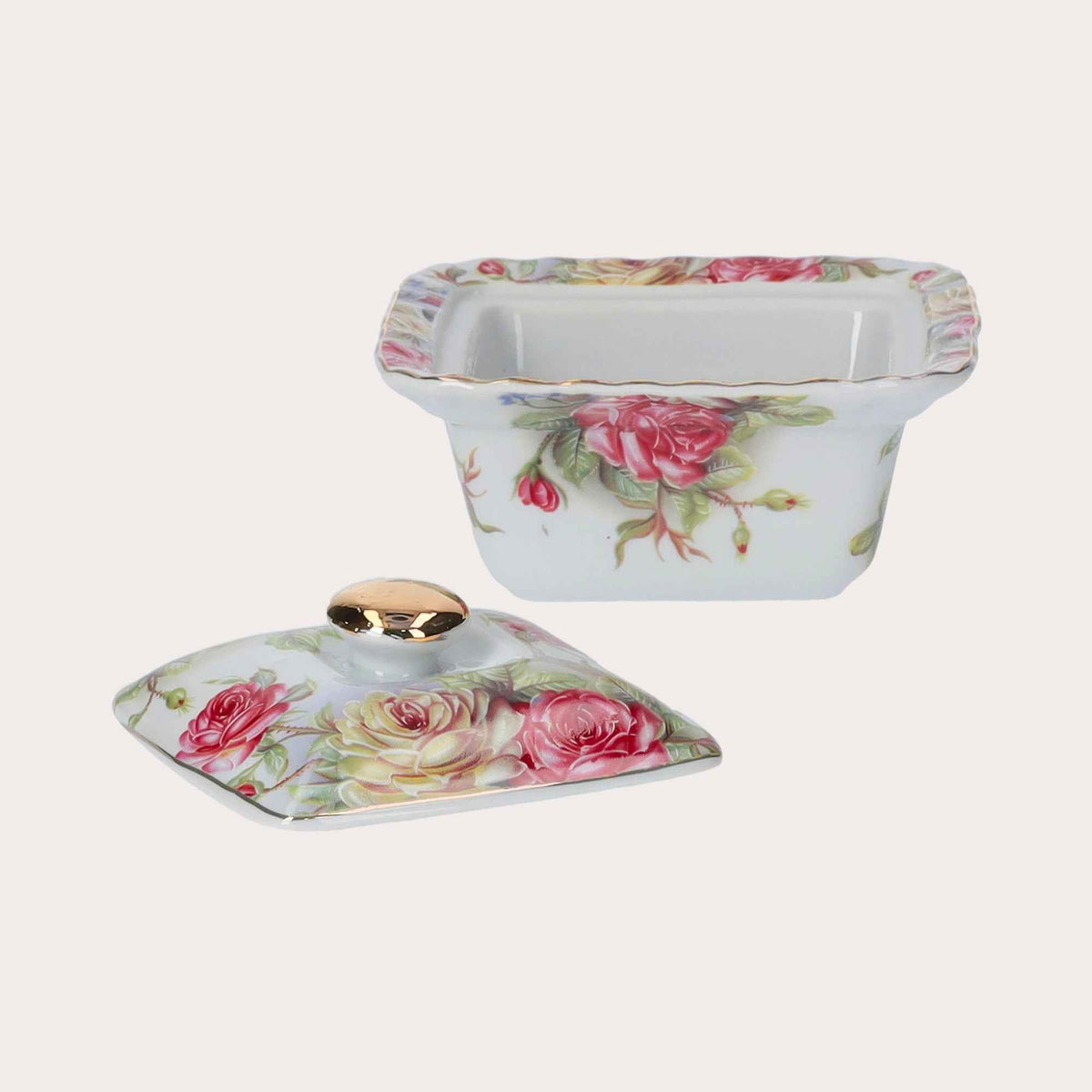 Porcelain Box with Roses and Golden Lid – Elegant Decorative Storage