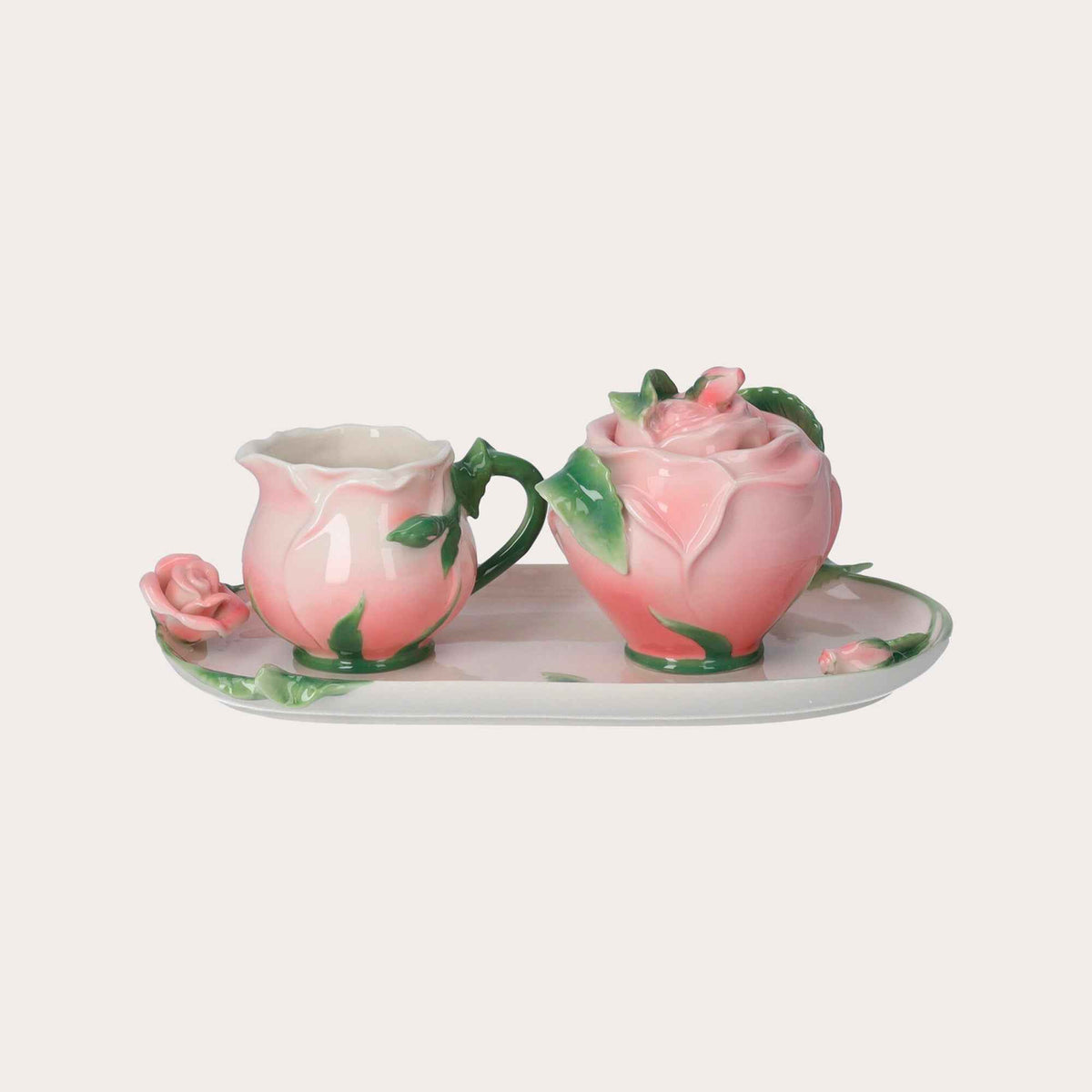 Juego de azucarero y soporte para leche de cerámica decorados - Diseño rosa