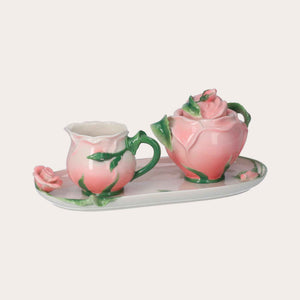 Ensemble sucrier et porte-lait en céramique décoré – design rose