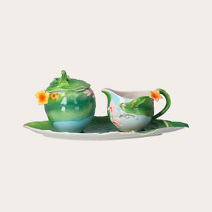Decorated Porcelain Sugar Bowl and Milk Jug Set with Tray – Floral Design