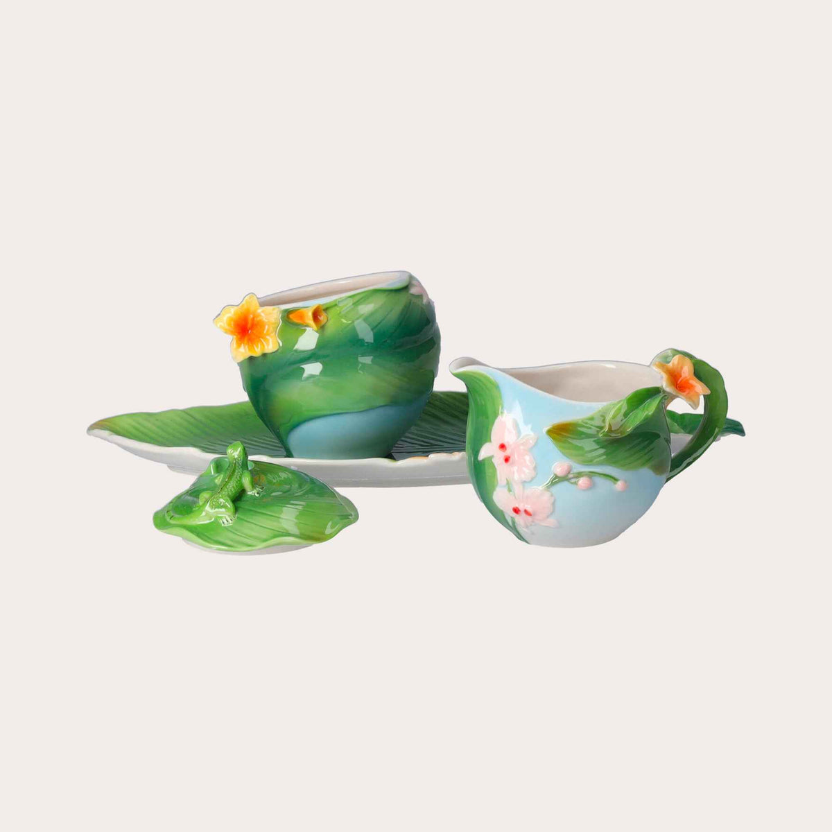 Decorated Porcelain Sugar Bowl and Milk Jug Set with Tray – Floral Design