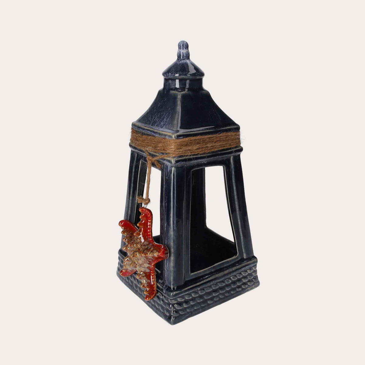 Blue Ceramic Lantern with Starfish – Seaside Decoration for Home and Garden