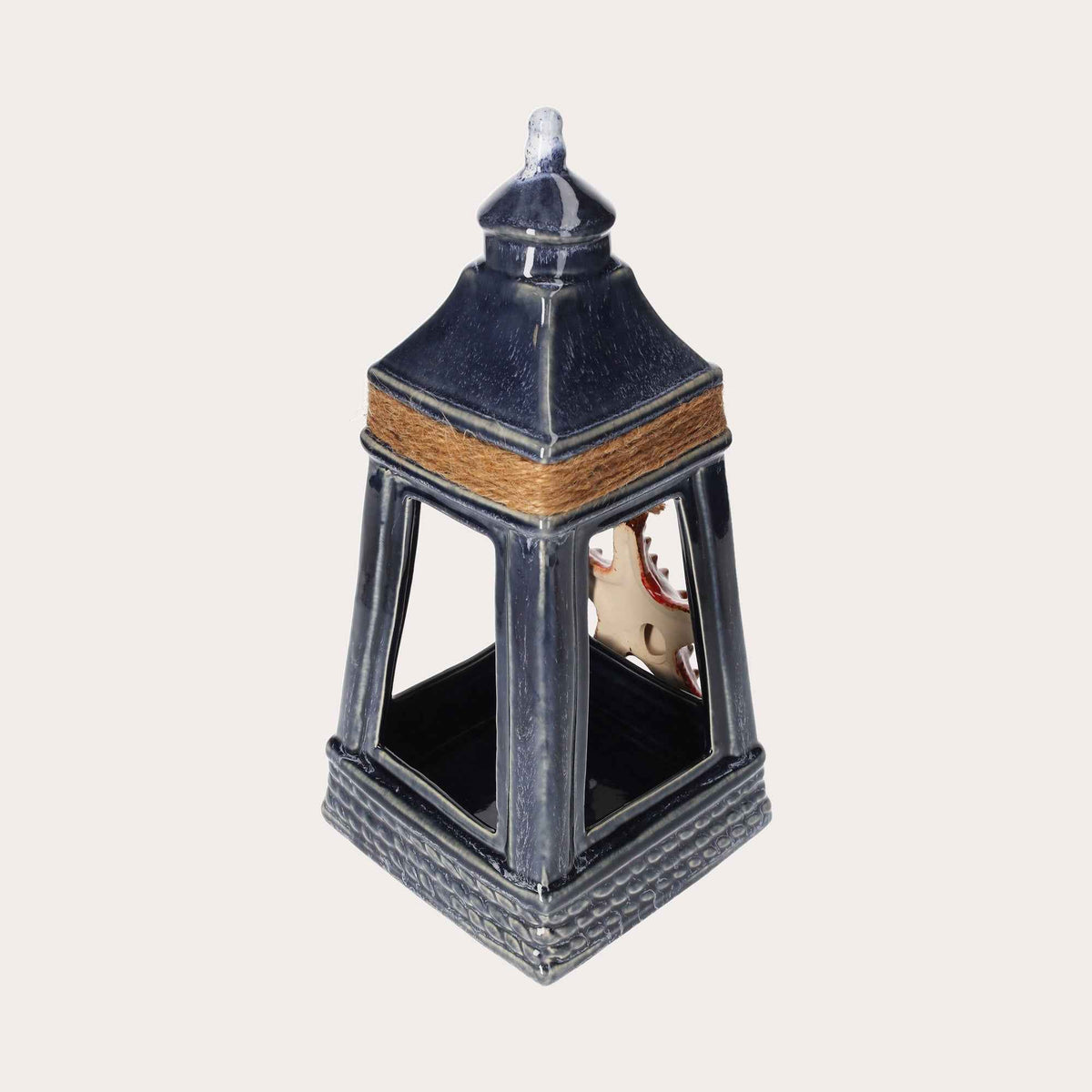 Blue Ceramic Lantern with Starfish – Seaside Decoration for Home and Garden