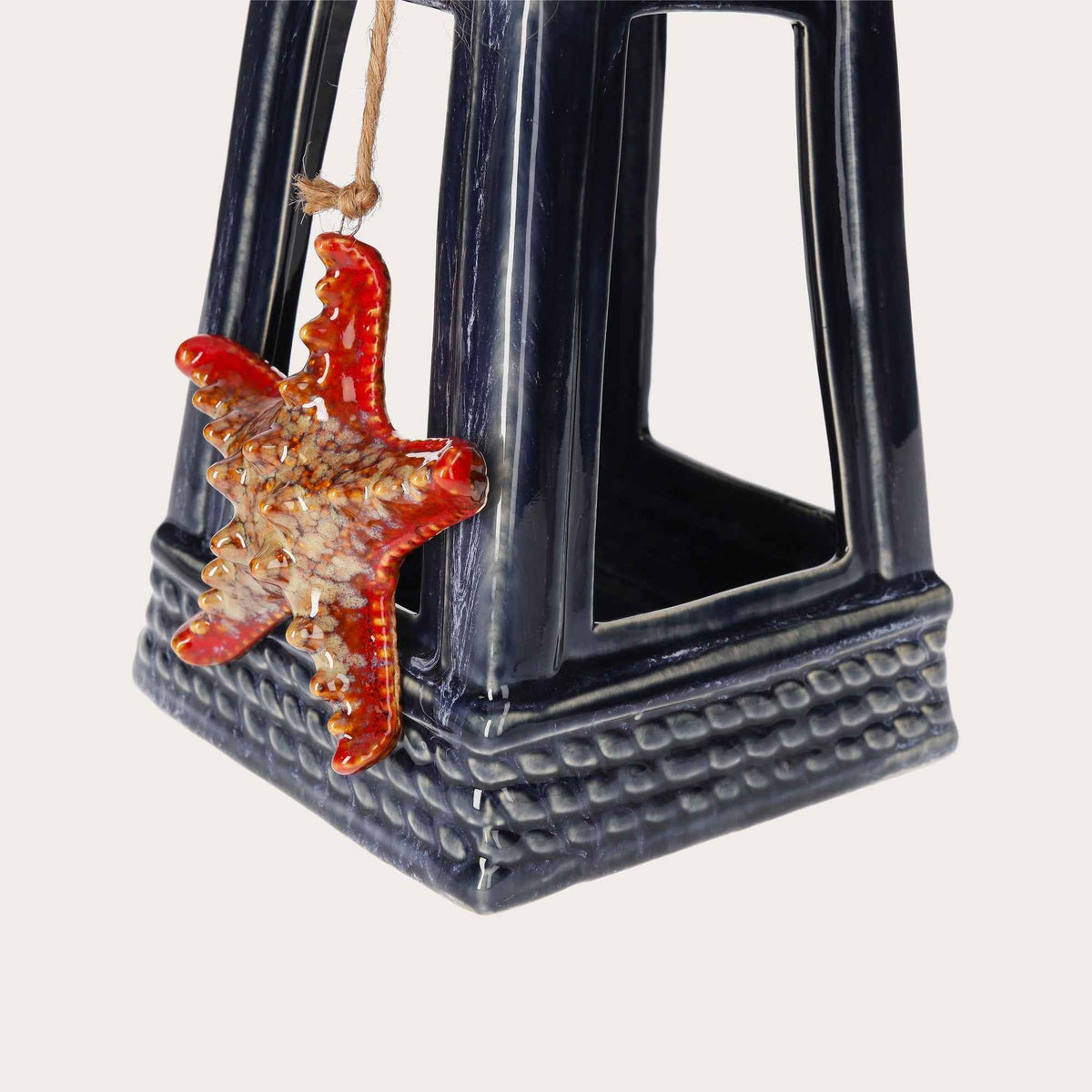 Blue Ceramic Lantern with Starfish – Seaside Decoration for Home and Garden