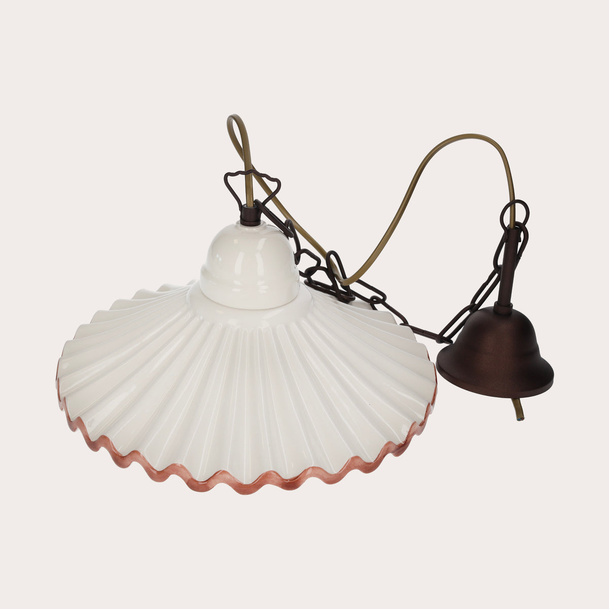 Lampadario Rustico Ceramica Bianca con Bordo Marrone Ø. 30cm