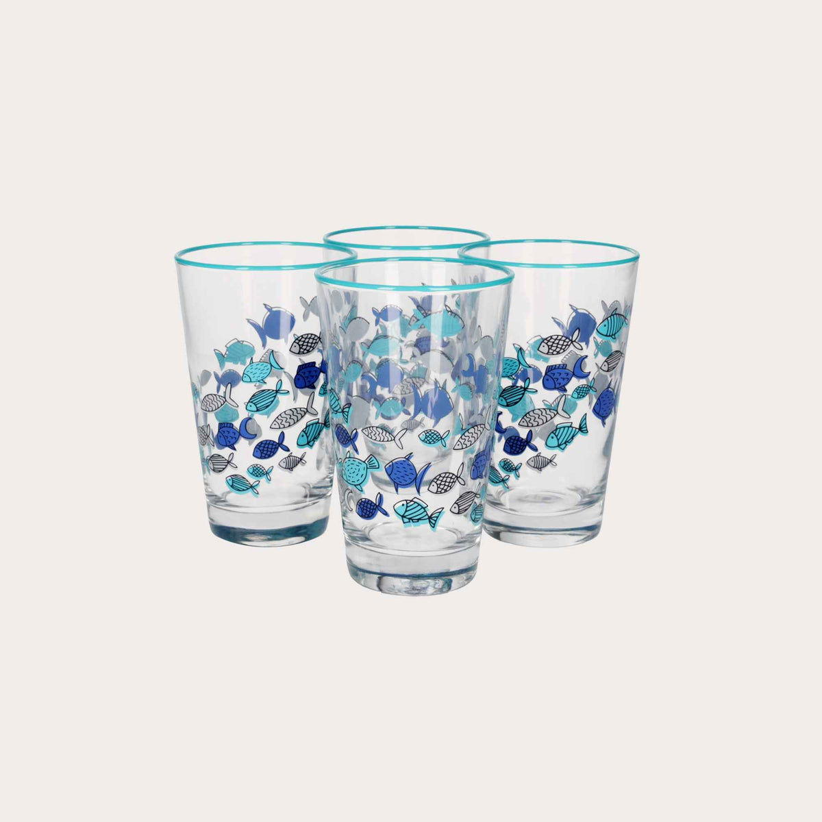 Set of 4 Glass Glasses Decorated with Blue Fish – Elegant Set for the Summer Table