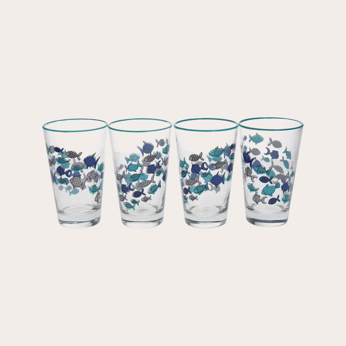 Set of 4 Glass Glasses Decorated with Blue Fish – Elegant Set for the Summer Table