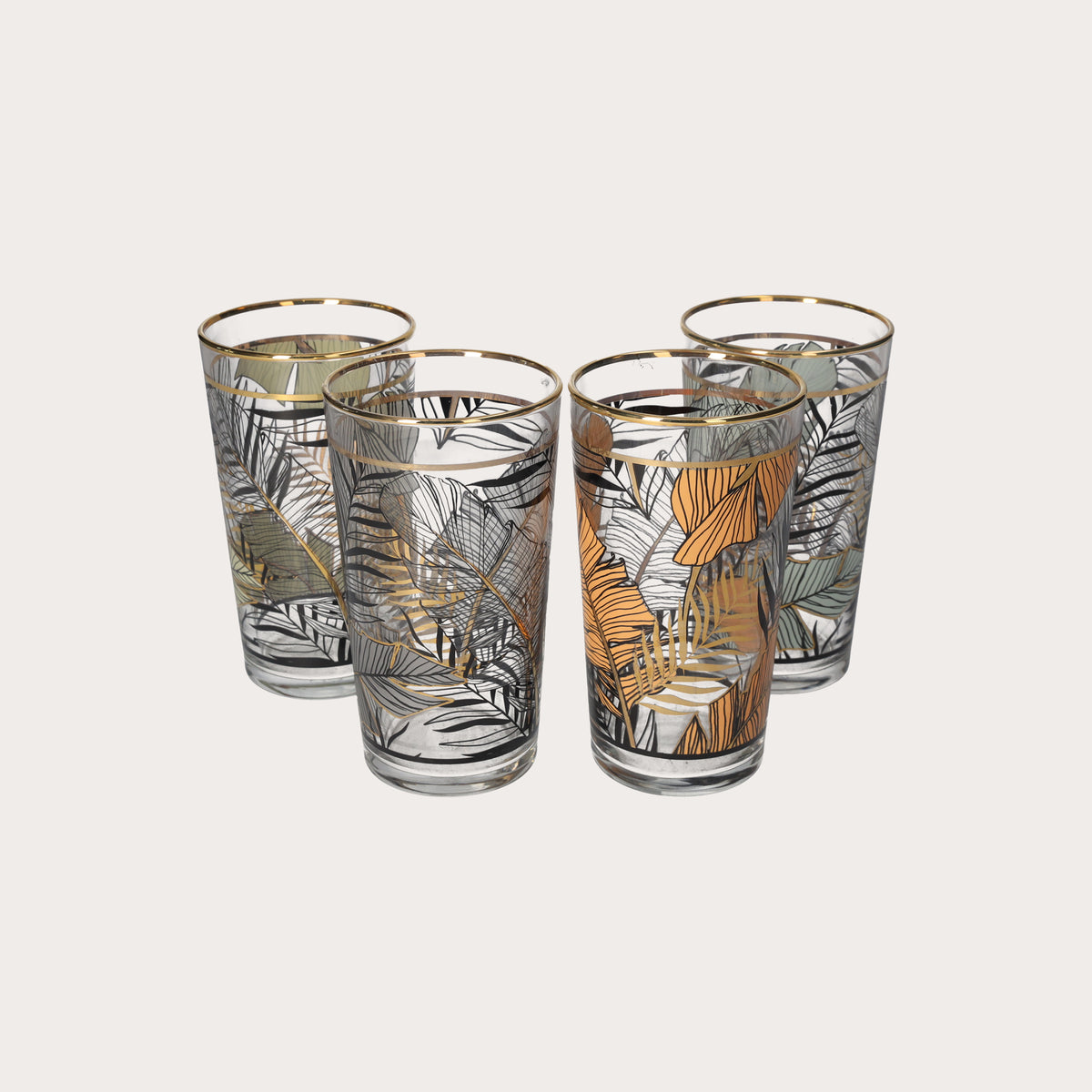 Juego de 4 vasos de cristal transparente con adornos dorados