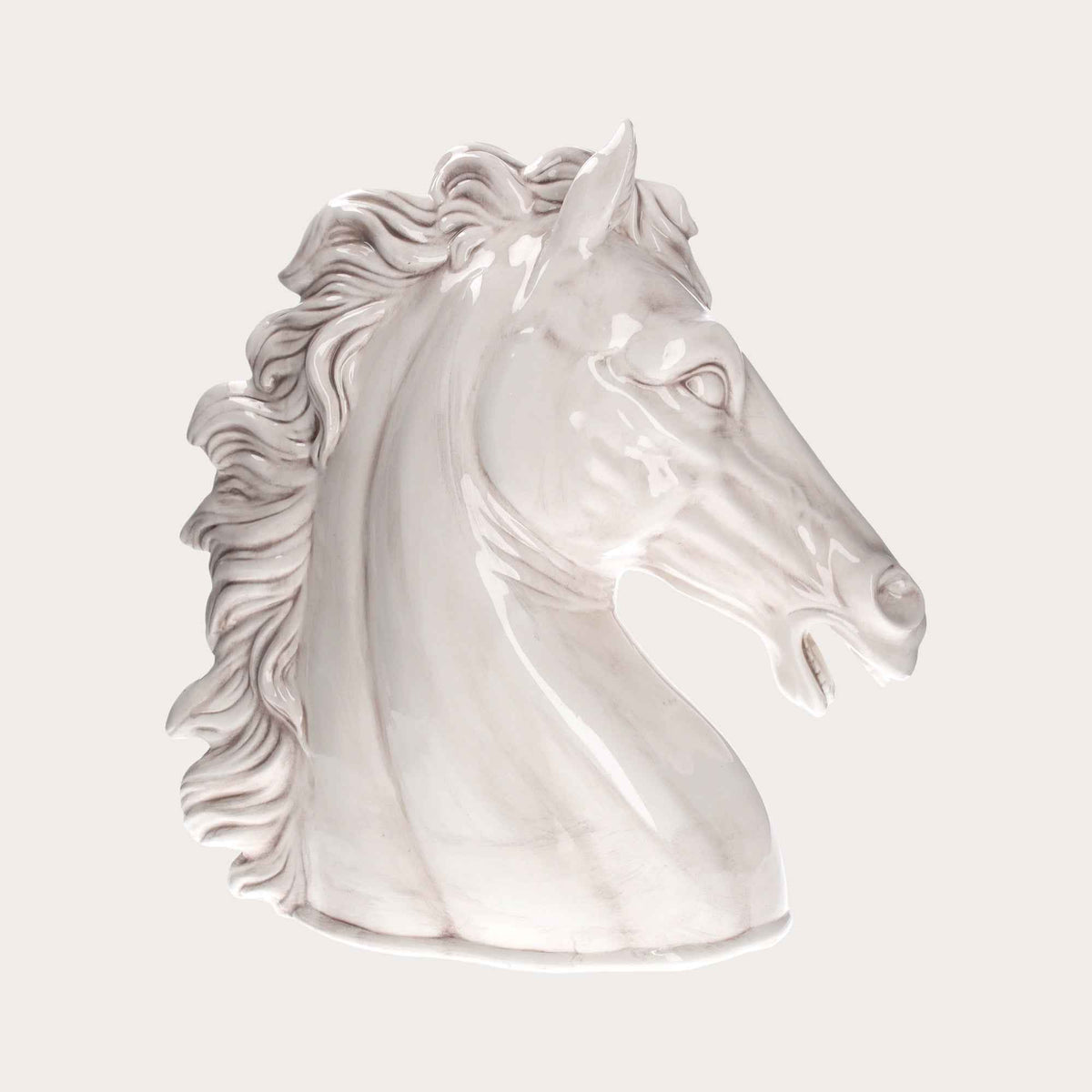 Testa di Cavallo in Ceramica Bianco Anticato – Decorata a Mano, Made in Italy