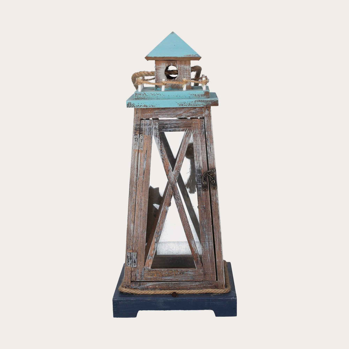 Lanterna in Legno Marrone con Vetro e Cupola Azzurra