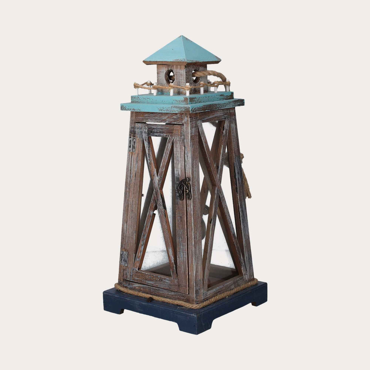 Lanterna in Legno Marrone con Vetro e Cupola Azzurra