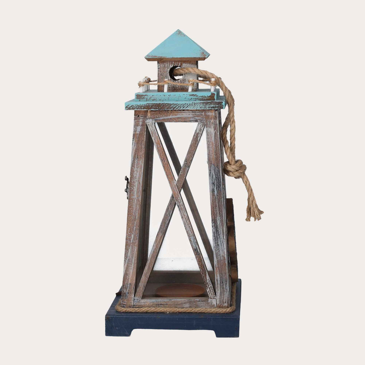 Lanterna in Legno Marrone con Vetro e Cupola Azzurra