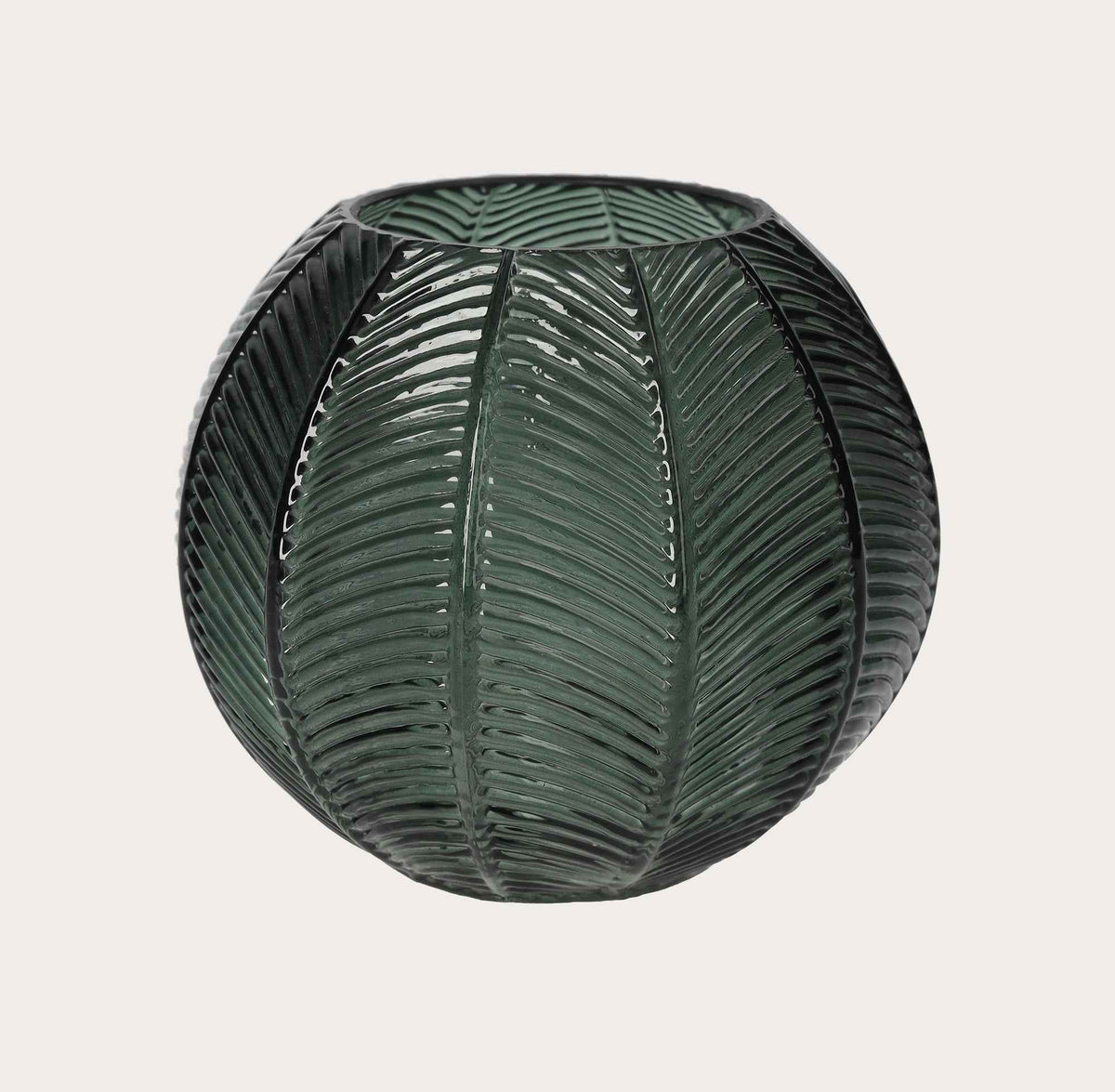 Jarrón redondo de vidrio verde con decoración de hojas: muebles para el hogar modernos y elegantes