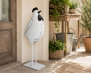 Gallo Decorativo in Latta Bianco e Nero Decapato H48x20x11 cm