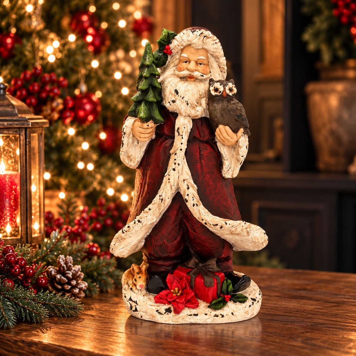 Babbo Natale con Civetta in Resina H.36×22×13 cm - KeyHome Store
