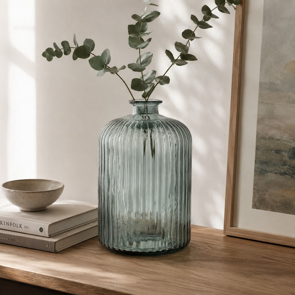 Aquamarine Decorative Ribbed Recycled Glass Bottle – H.23xØ14 cm