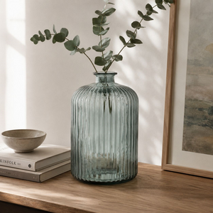 Aquamarine Decorative Ribbed Recycled Glass Bottle – H.23xØ14 cm