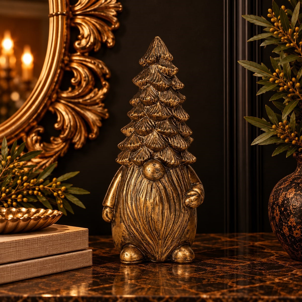 Gnomo de Natal Alto em Resina Dourada H.30x14 cm - KeyHome Store