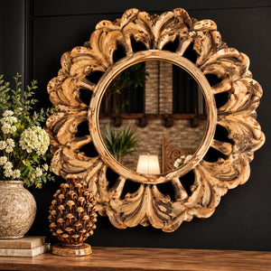 Specchio Sole con Cornice in Legno Marrone Ø.90 cm - KeyHome Store