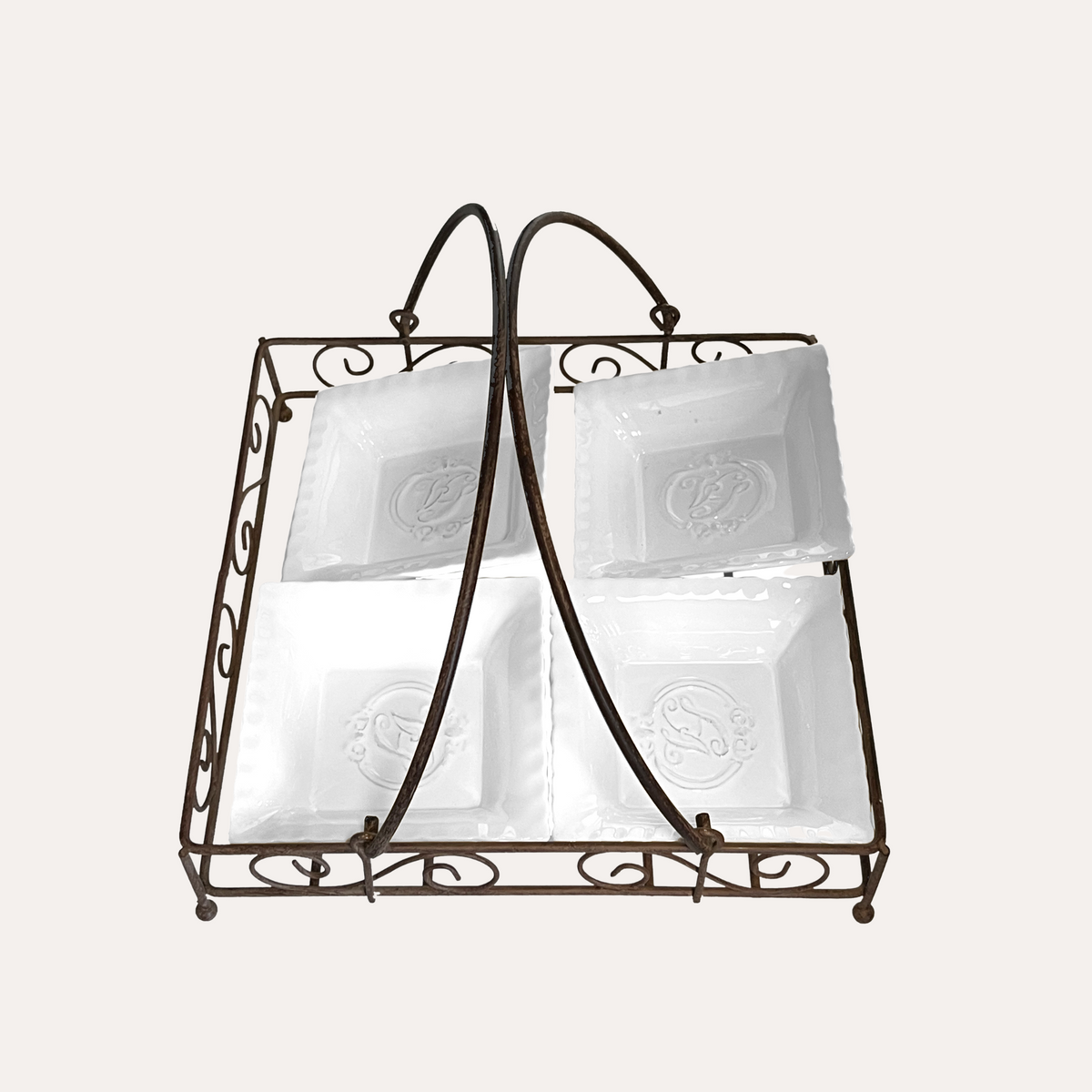 Antipastiera Porta Salse 25x25 cm in Ceramica con Supporto in Ferro