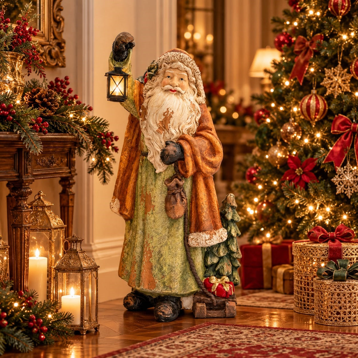 Babbo Natale con Slitta in Resina Verde H.85x47x35 cm - KeyHome Store