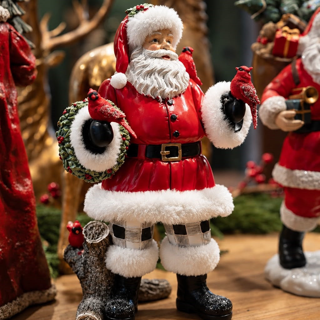 Statuina Babbo Natale con Uccelli Rossi in Resina H.40 cm - KeyHome Store
